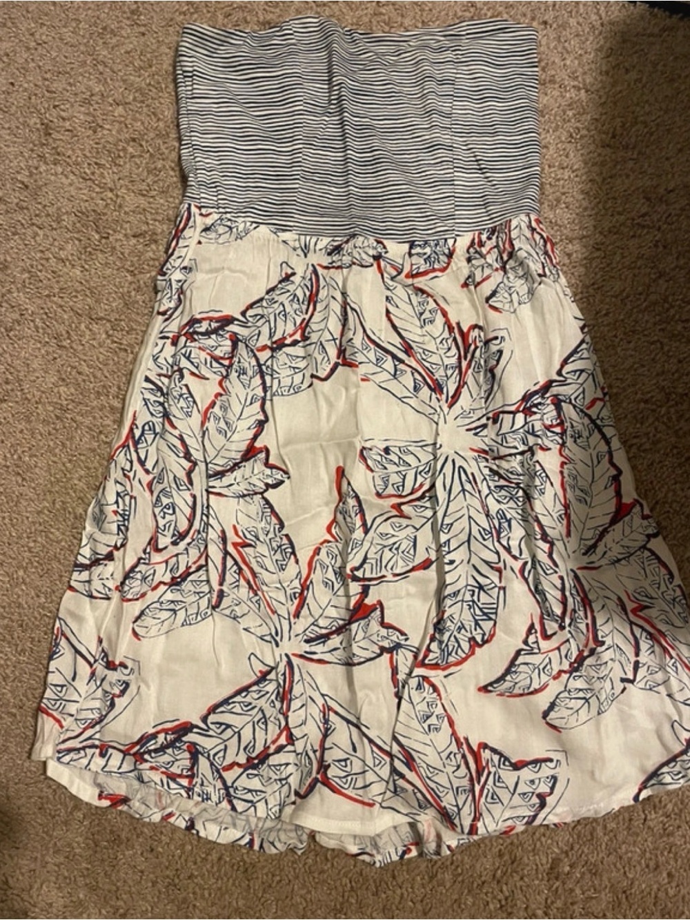 Roxy Navy & White Striped Tropical Print Strapless Summer Sun Dress